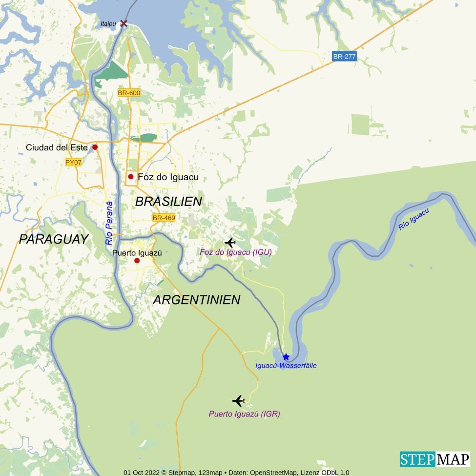 Umgebungskarte nah - Die Lage von Puerto Iguazú am Drei- Länder- Eck