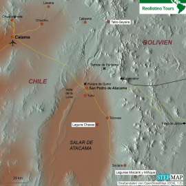 Reisekarte Reise nach San Pedro de Atacama und Exkursionen der Extraklasse