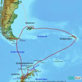 Reisekarte Eine Schiffsreise in die Antarktis, zu den Malwinen und Südgeorgien