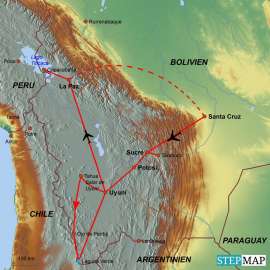 Reisekarte Die klassischen Reiseziele Boliviens in einer Reise