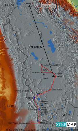 Reisekarte Die ideale Verbindung von Bolivien nach Chile