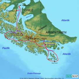 Reisekarte Die Schiffsreise zum Kap Hoorn, Wulaia Bucht, vielen Gletschern und zur Isla Magdalena- 4 Nächte an Bord