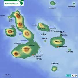 Reisekarte Santa Cruz- Isabela- Fernandina- Santiago- Rábida- Bartholomé- Seymour