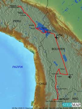 Reisekarte Von San Pedro de Atacama nach Cusco durch eine Verbindung von Tagestouren