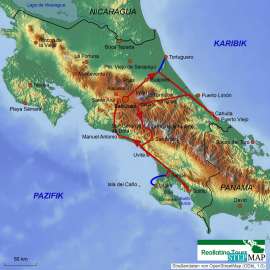 Reisekarte Costa Rica Mietwagenreise zwischen den Ozeanen