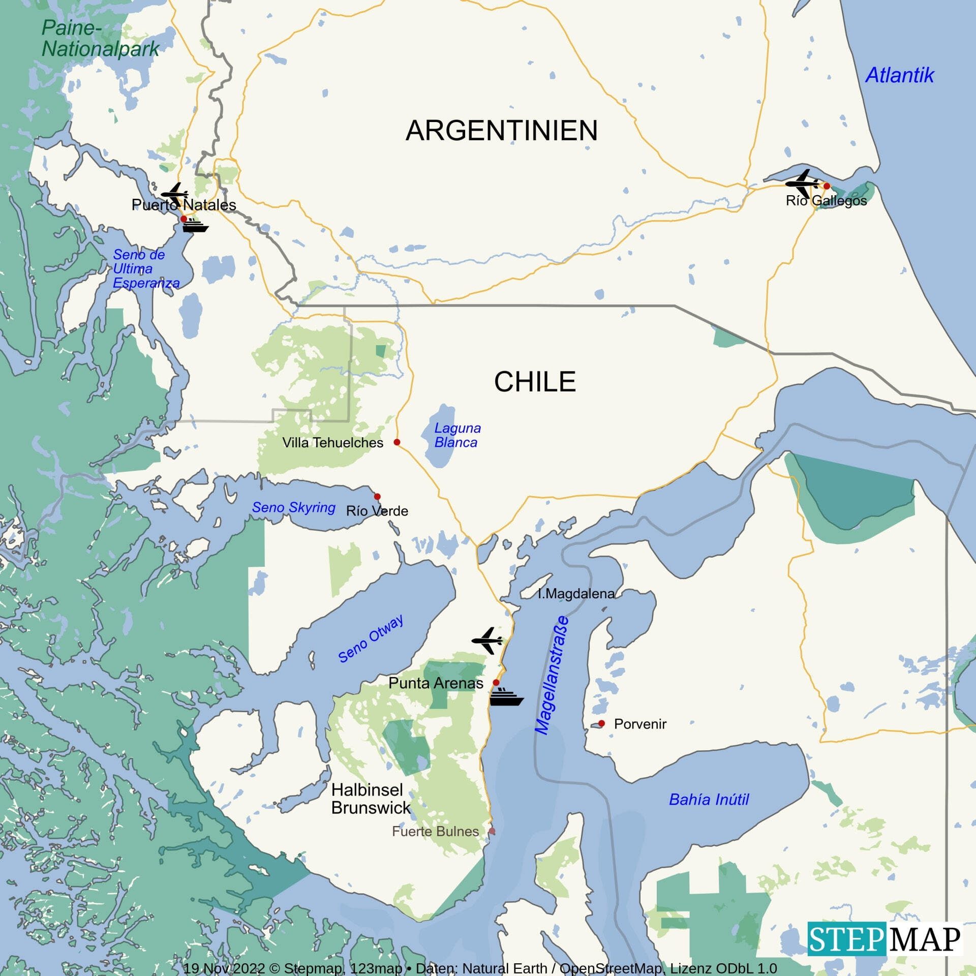 Landkarte Punta Arenas und Umgebung