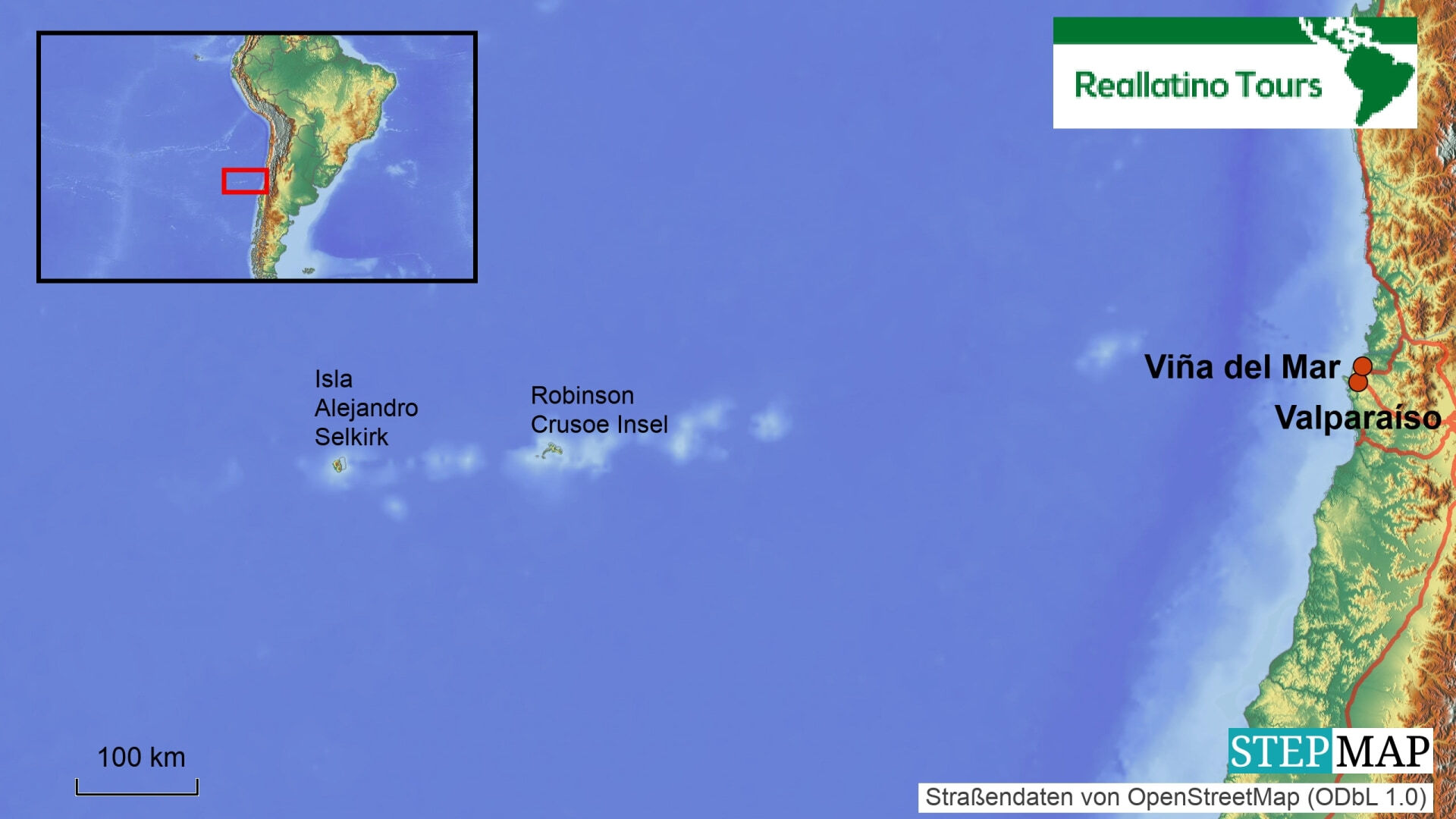 Lage der Robinson Crusoe Insel vor Chile