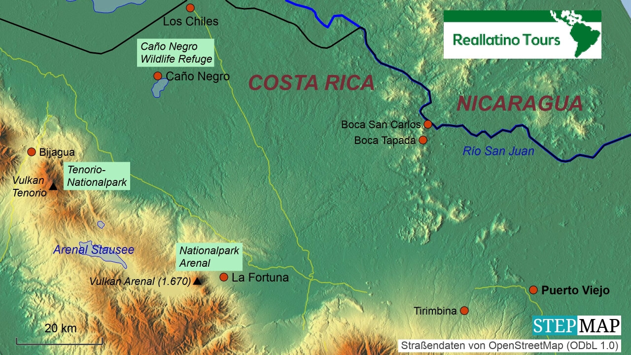 Reliefkarte Nördliches Tiefland Costa Rica